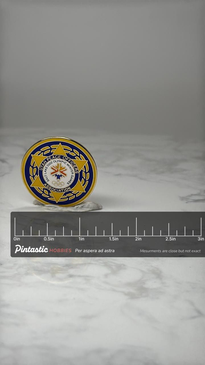 Vintage Utah Peace Officers Pin: Blue Gold Enamel - 2002 Olympic Accessory with ruler overlay for size reference