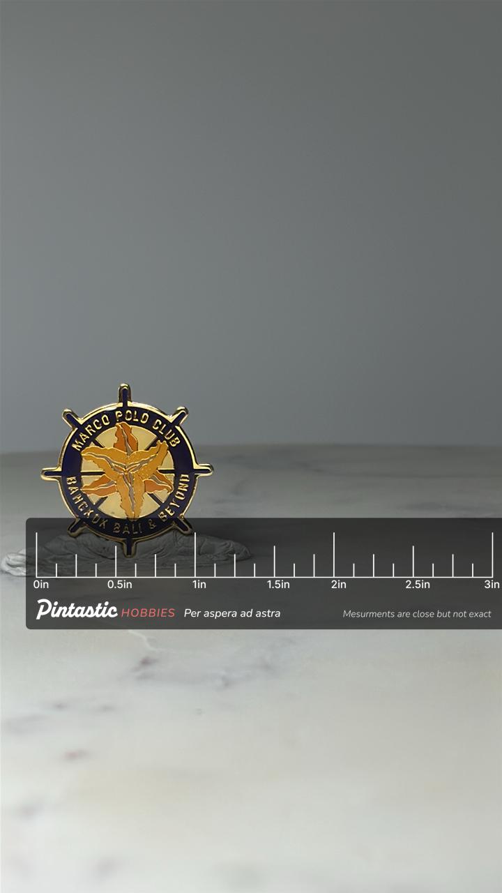 Vintage Marco Polo Club Enamel Pin: Gold & Navy - Travel Souvenir Accessory with ruler overlay for size reference