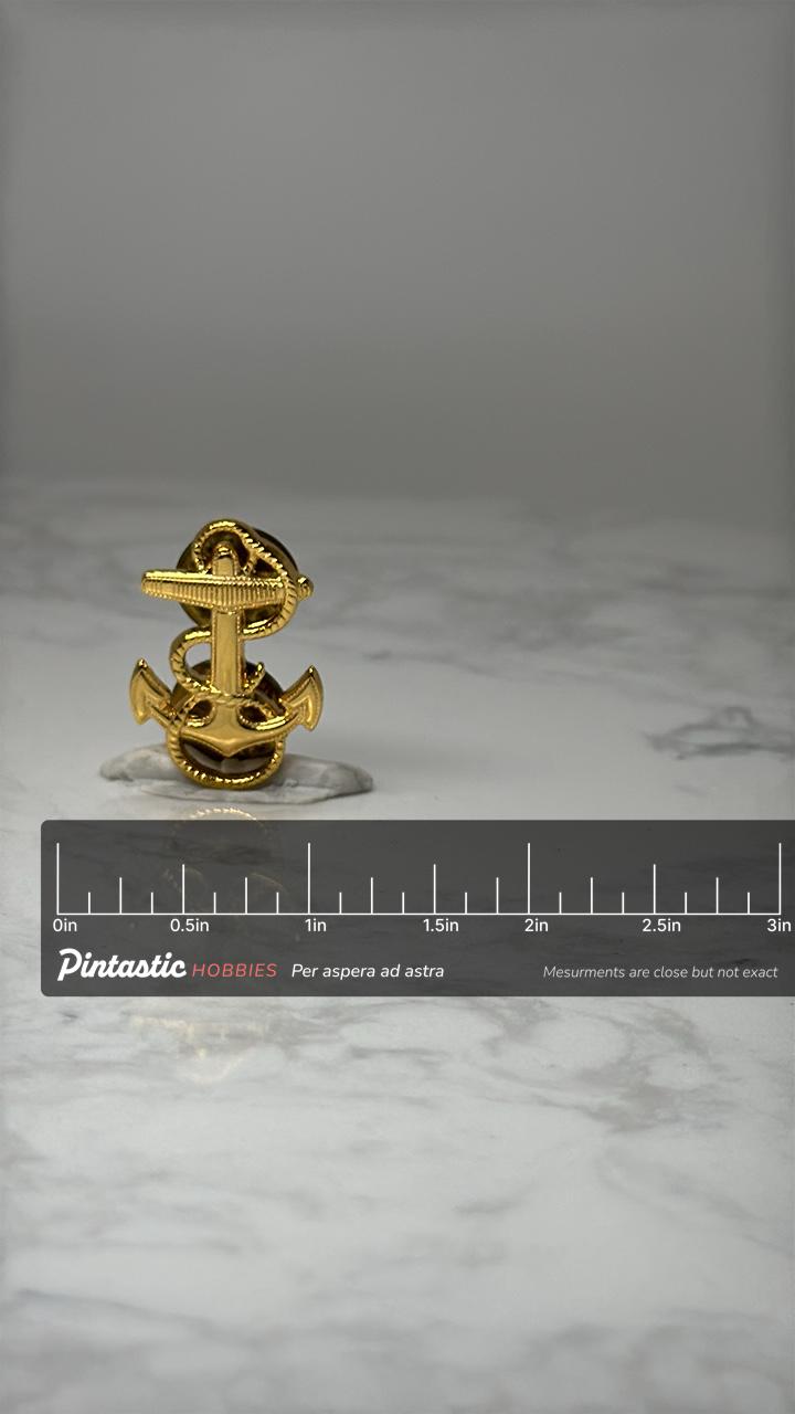 Vintage Nautical Anchor Pin: Gold Tone Rope Wrap - Maritime Accessory with ruler overlay for size reference