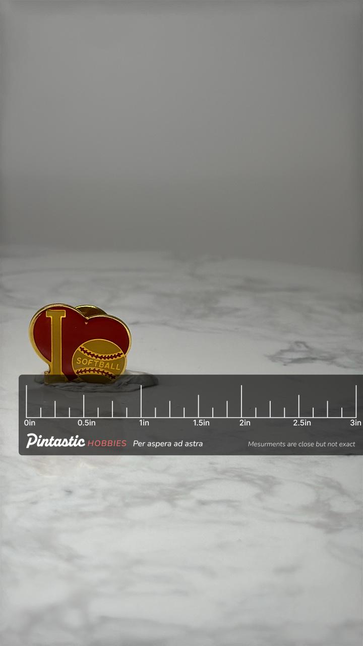 Vintage I Love Softball Enamel Pin: Red & Gold - Sports Fan Accessory with ruler overlay for size reference