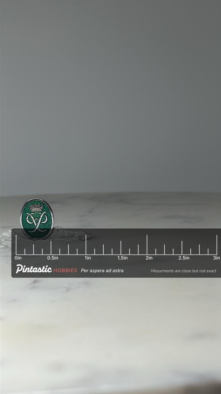 Vintage Duke of Edinburgh Award Pin Green Enamel DofE Badge Lapel Pin with ruler overlay for size reference