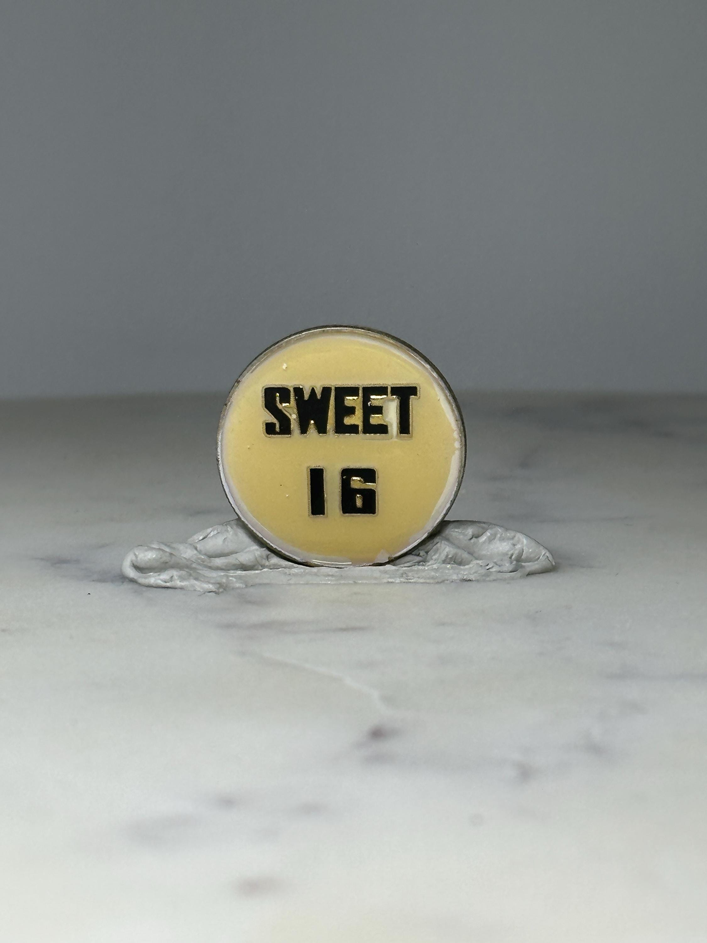 Vintage Sweet 16 Button Pin: Yellow & Black Enamel - Birthday Accessory