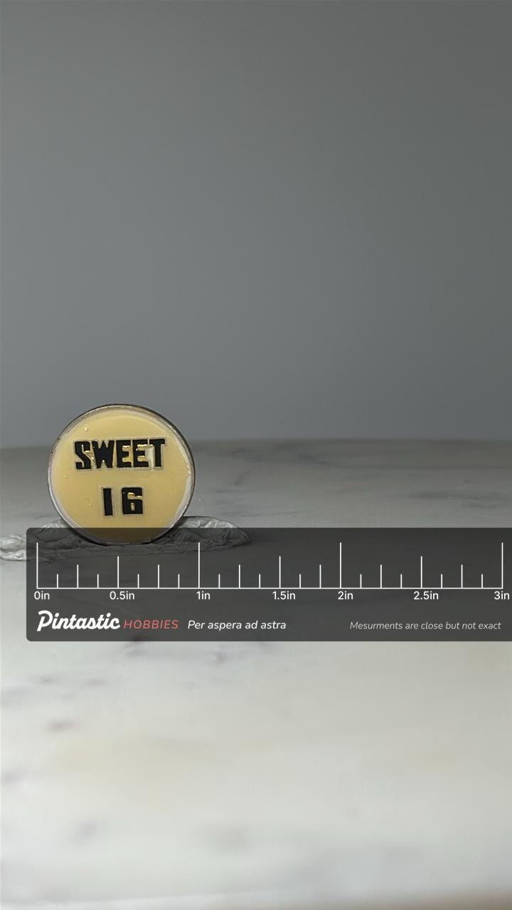 Vintage Sweet 16 Button Pin: Yellow & Black Enamel - Birthday Accessory with ruler overlay for size reference