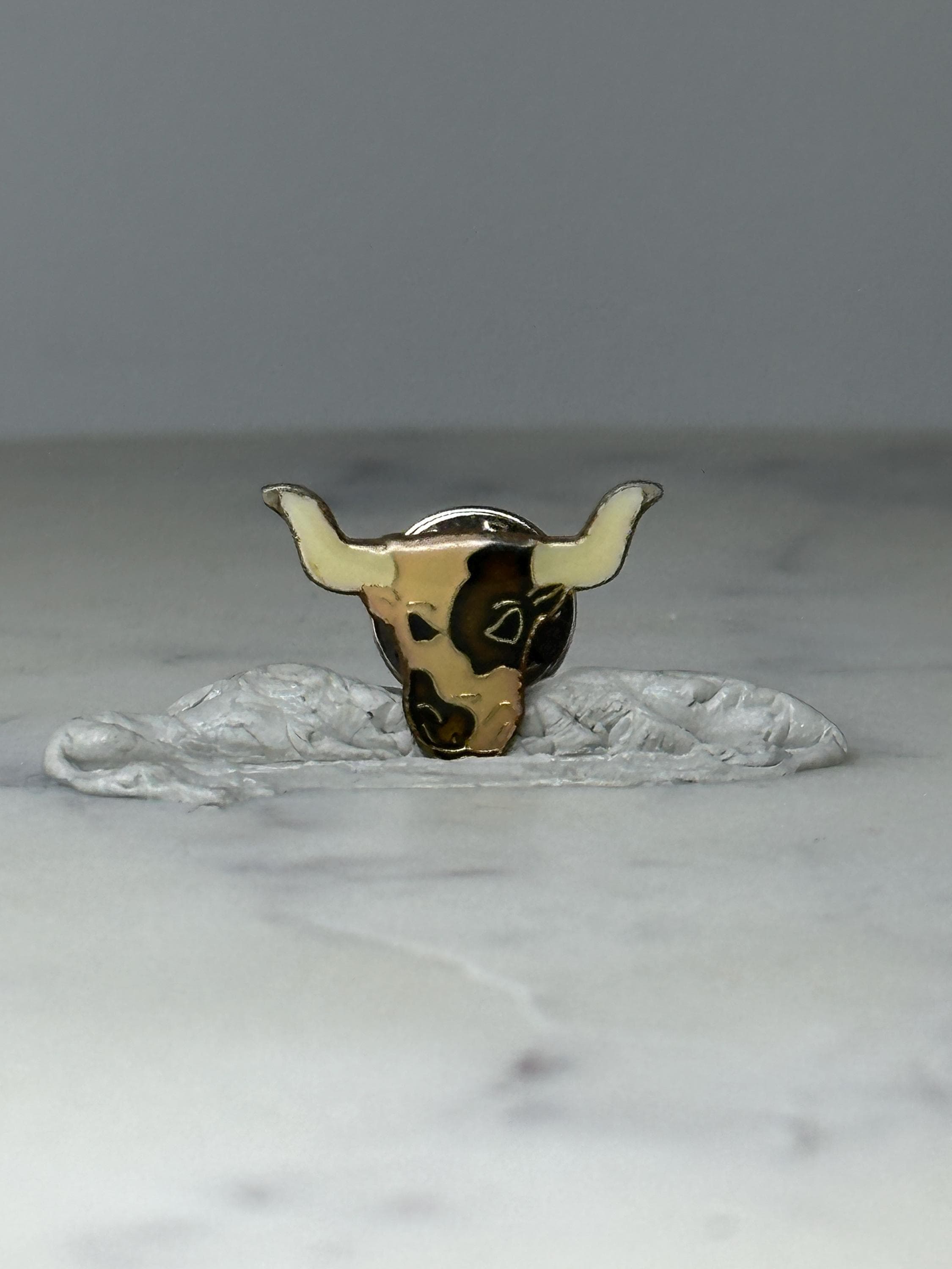 Vintage Bull Head Lapel Pin: Gold Tone Enamel - Western Ranch Accessory