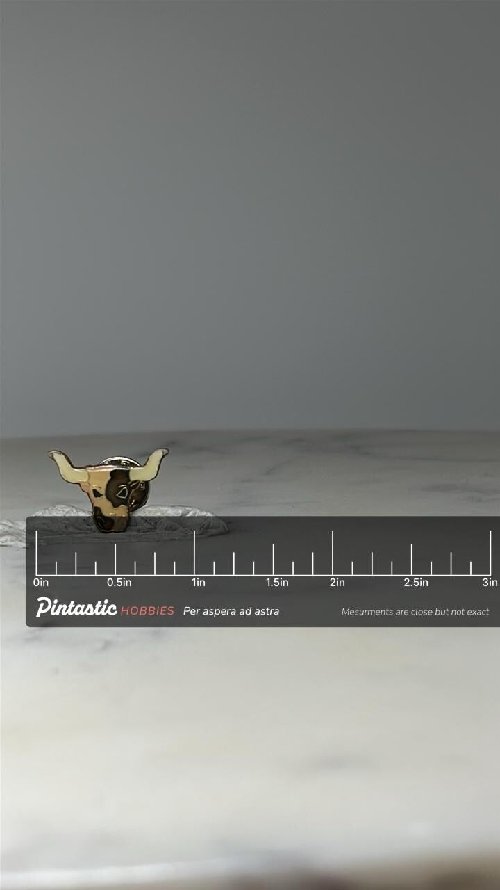 Vintage Bull Head Lapel Pin: Gold Tone Enamel - Western Ranch Accessory with ruler overlay for size reference