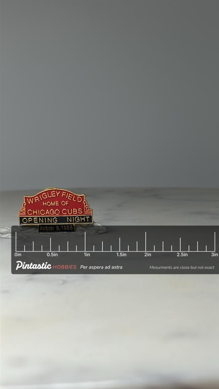 Vintage Wrigley Field Pin: Red & Gold Enamel - 1988 Opening Night Accessory with ruler overlay for size reference