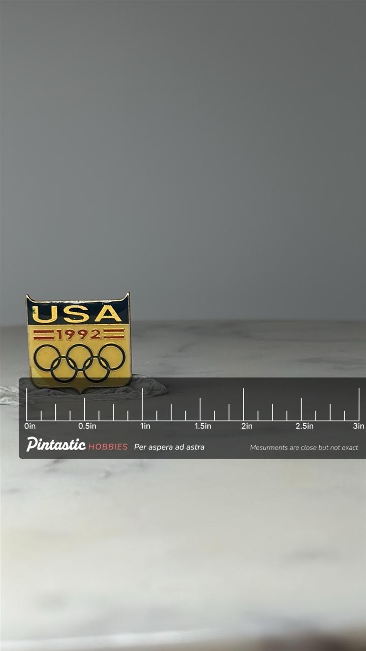 Vintage USA 1992 Olympic Shield Pin: Gold Tone Enamel - Sports Memorabilia Accessory with ruler overlay for size reference