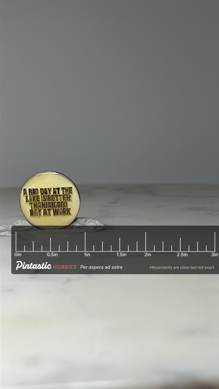 Vintage Lake Quote Lapel Pin: Gold Tone Enamel - Retro Travel Accessory with ruler overlay for size reference
