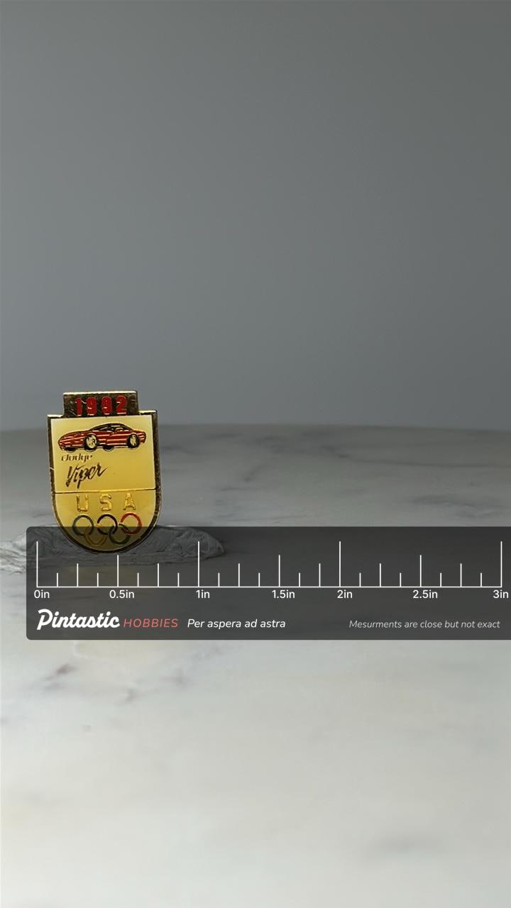 Vintage 1992 Dodge Viper Enamel Pin: Gold Tone - USA Olympic Theme Accessory with ruler overlay for size reference