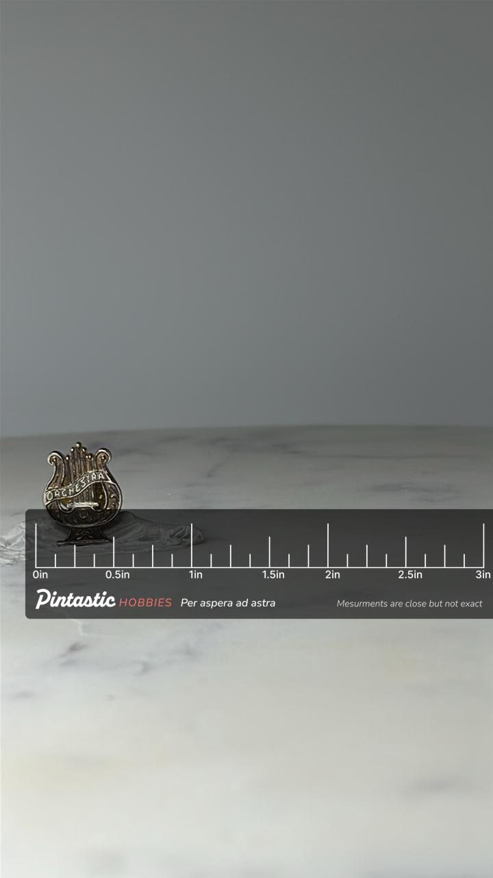 Vintage Orchestra Lyre Pin: Gold Tone Enamel - Music Accessory with ruler overlay for size reference