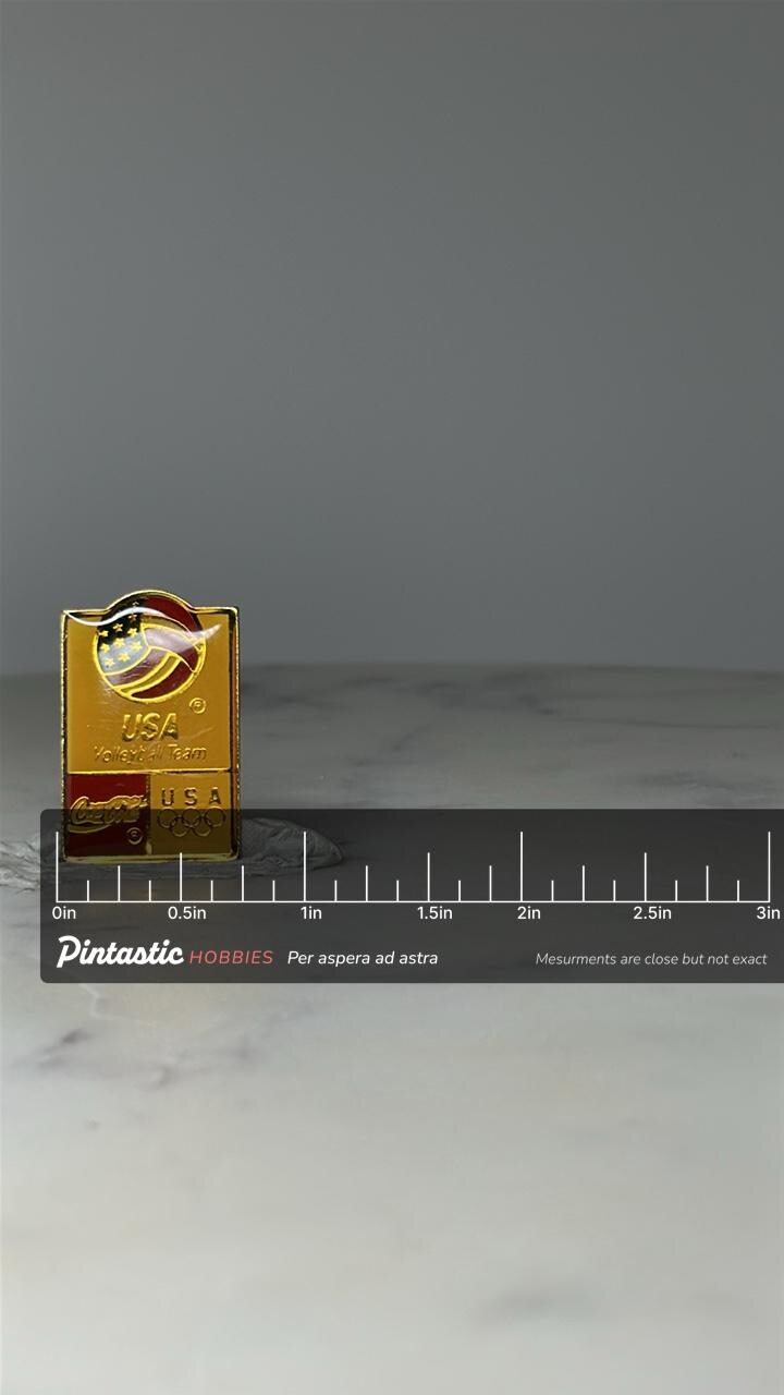 Vintage USA Volleyball Team Pin: Yellow Enamel - Olympic Sponsor with ruler overlay for size reference