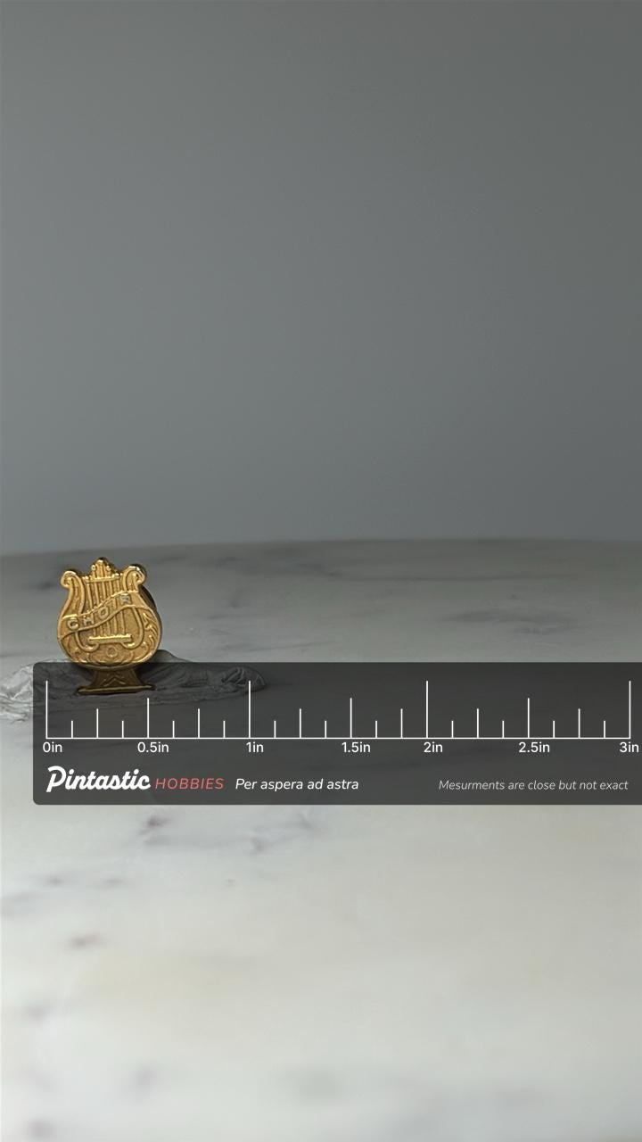 Vintage Chior Club Lyre Lapel Pin: Gold Tone - Music Accessory with ruler overlay for size reference