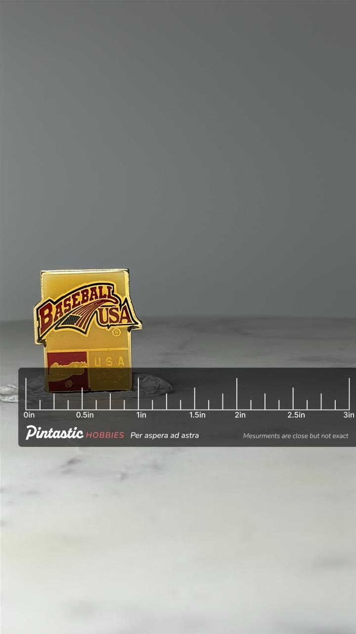 Vintage Baseball USA Olympic Pin: Gold Enamel - 1996 Atlanta Accessory with ruler overlay for size reference