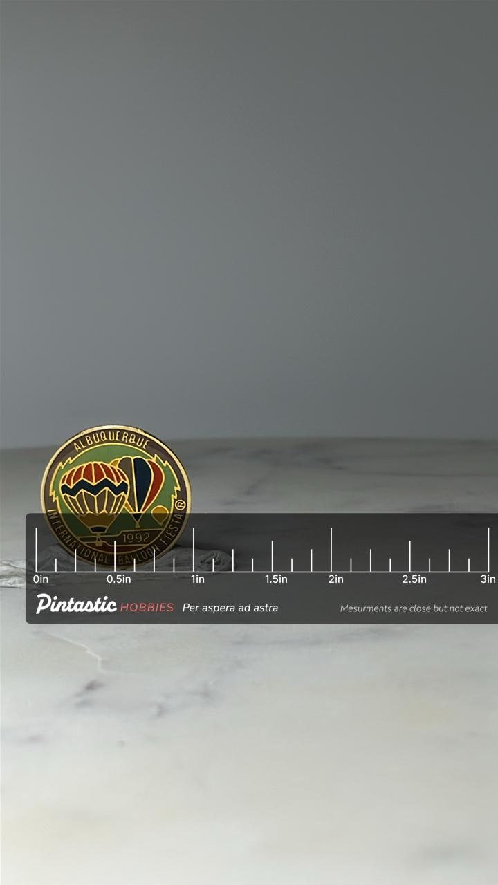 Vintage Albuquerque Balloon Fiesta Pin: Gold Tone Enamel - 1992 Souvenir Accessory with ruler overlay for size reference