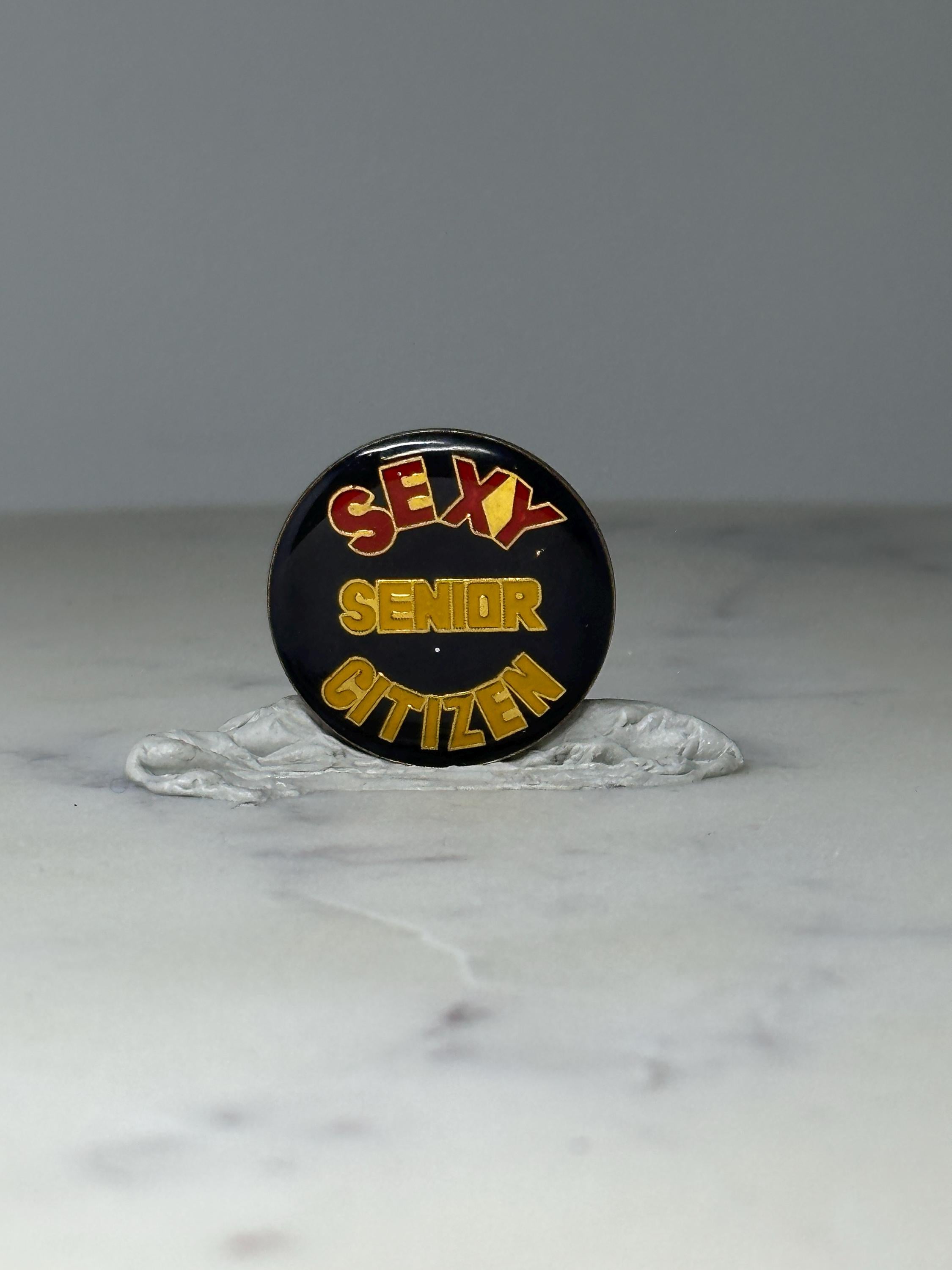 Vintage Sexy Senior Citizen Lapel Pin: Black & Gold Enamel - Novelty Accessory