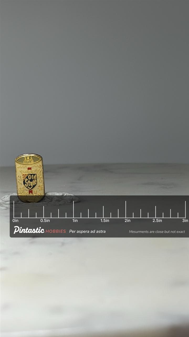 Vintage Old Style Beer Can Lapel Pin: Gold Enamel - Brewery Advertising Accessory with ruler overlay for size reference