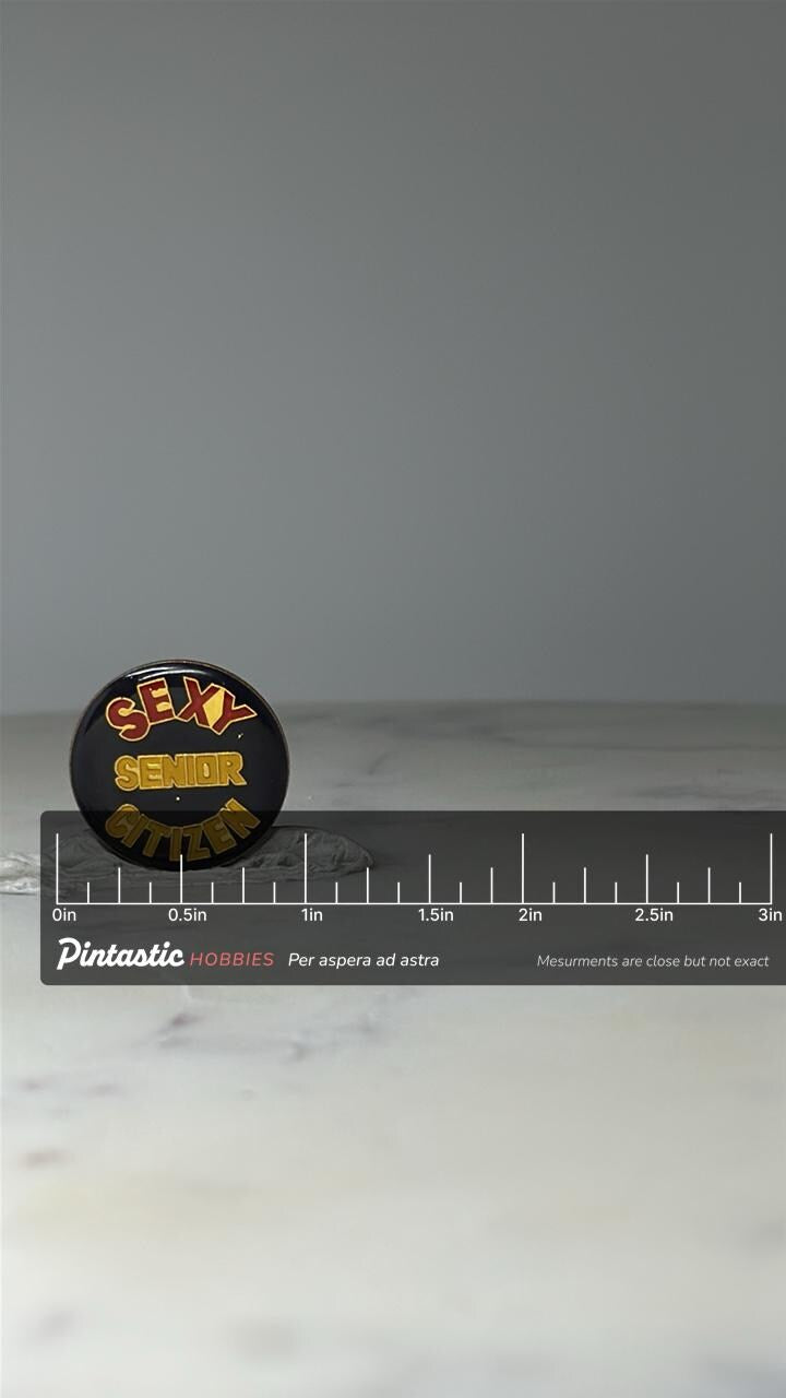 Vintage Sexy Senior Citizen Lapel Pin: Black & Gold Enamel - Novelty Accessory with ruler overlay for size reference