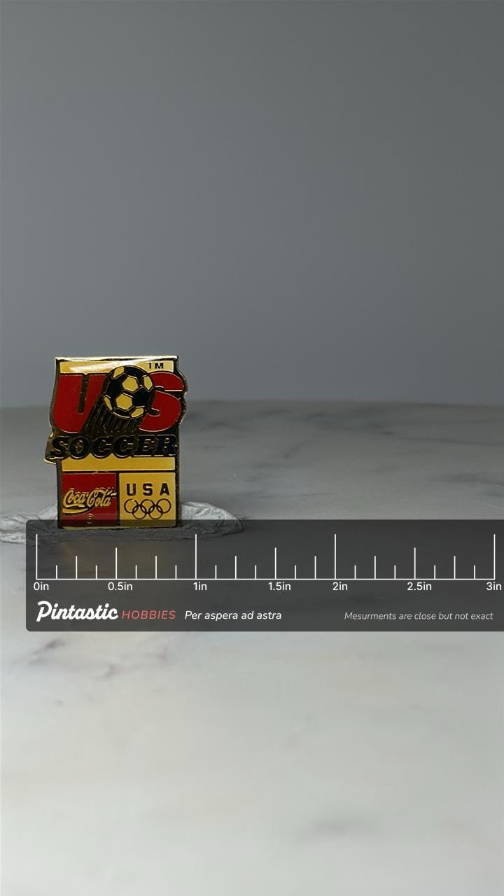 Vintage US Soccer Enamel Pin: Gold Tone - Olympic USA Theme Accessory with ruler overlay for size reference