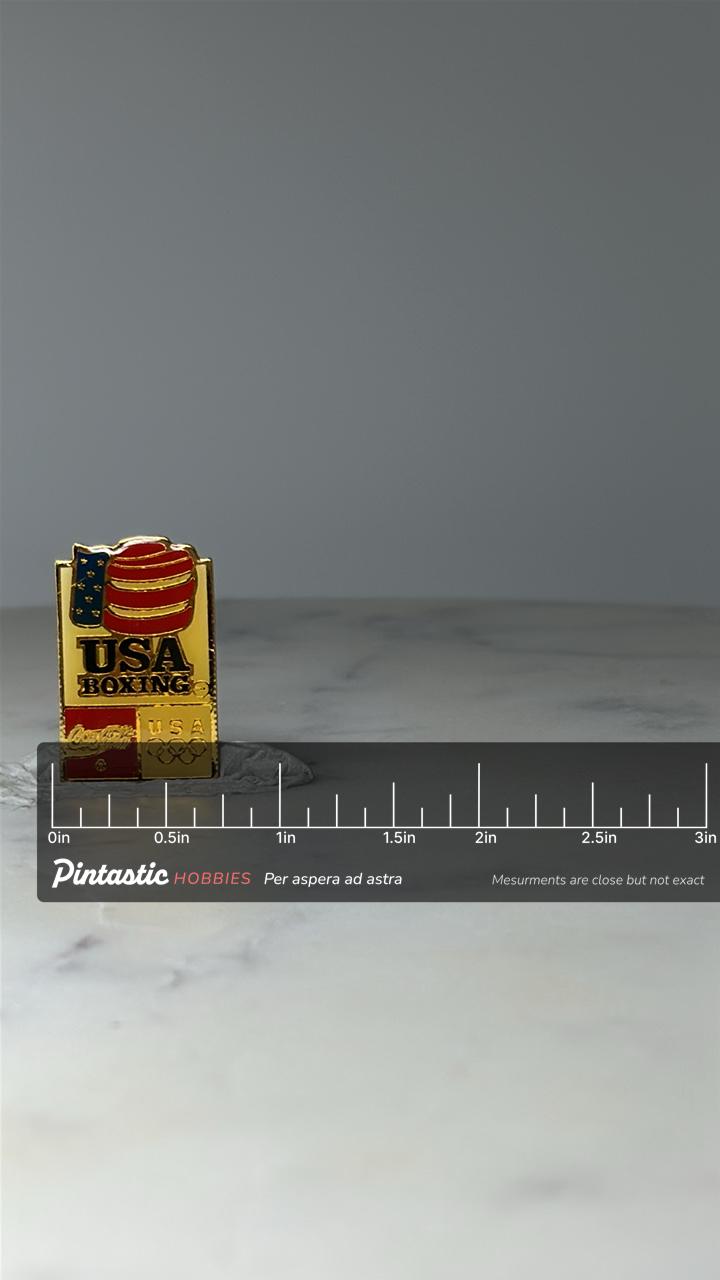 Vintage USA Boxing Lapel Pin: Gold Tone Enamel - Olympic Sponsor Accessory with ruler overlay for size reference