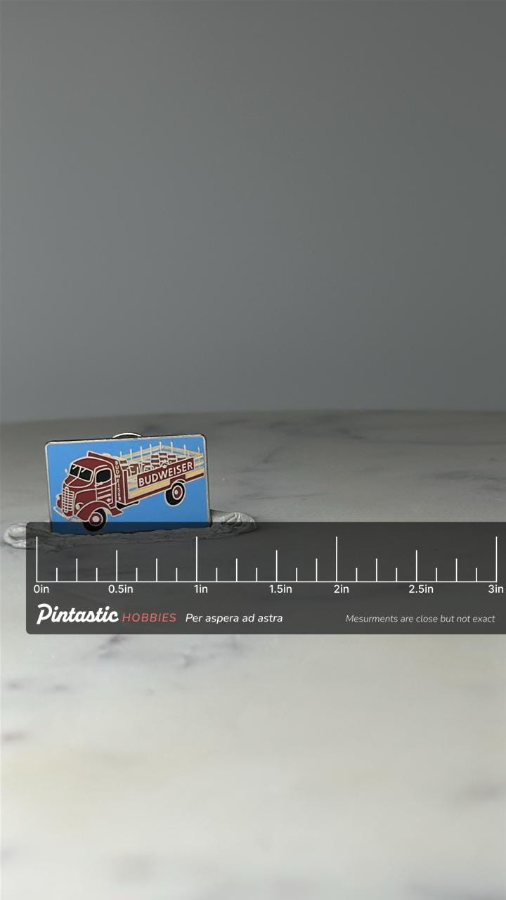 Vintage Budweiser Delivery Truck Enamel Pin: Red & Blue - Beer Ad Accessory with ruler overlay for size reference