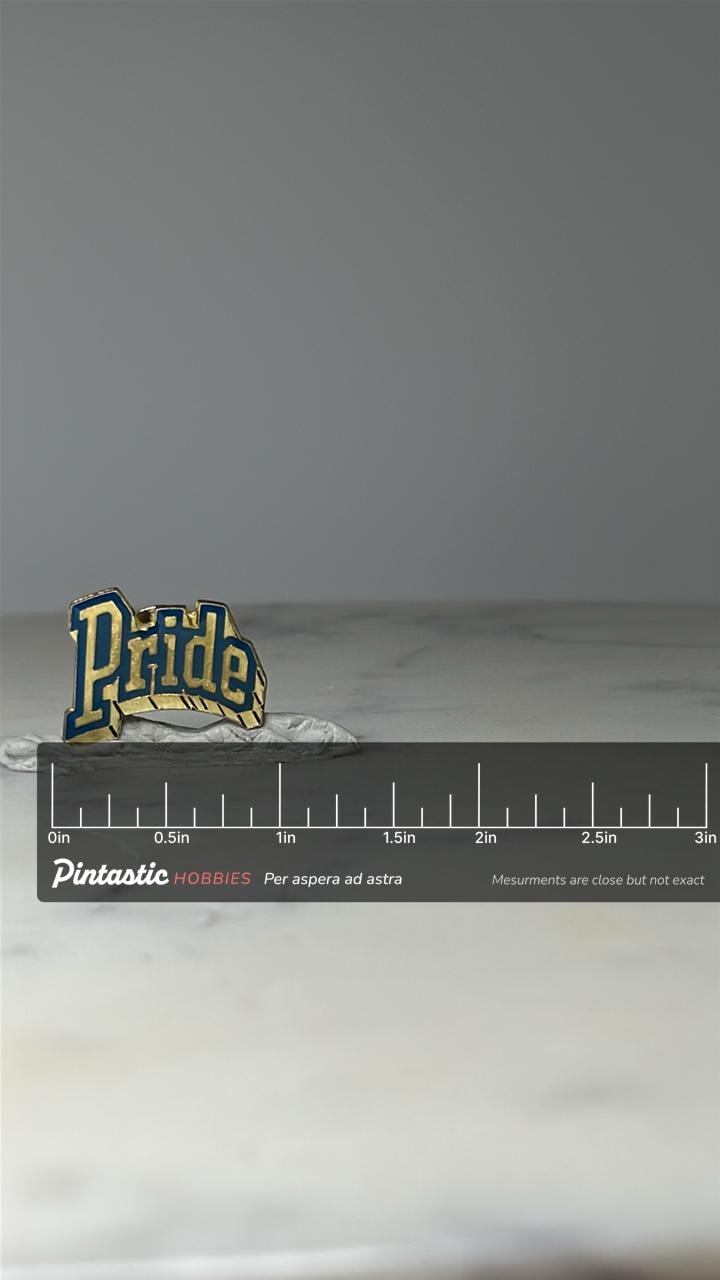 Vintage Pride Lettering Enamel Pin: Blue & Gold Finish - Patriotic Accessory with ruler overlay for size reference