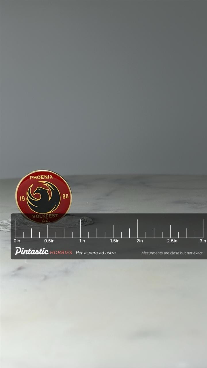 Vintage Phoenix Volkfest Lapel Pin: Red & Gold Enamel - 1988 Festival Accessory with ruler overlay for size reference