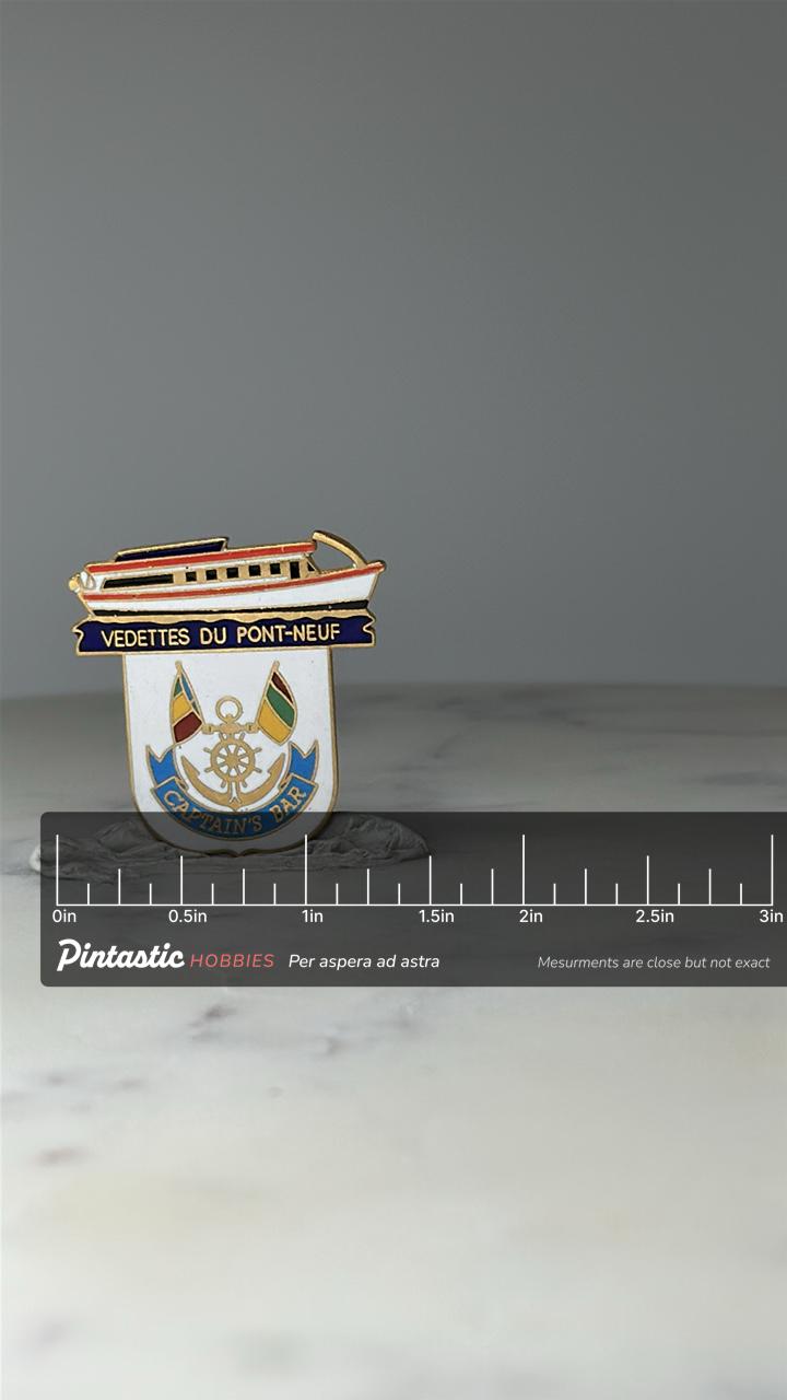 Vintage Vedettes du Pont-Neuf Boat Pin: Gold Enamel - Paris Travel Accessory with ruler overlay for size reference