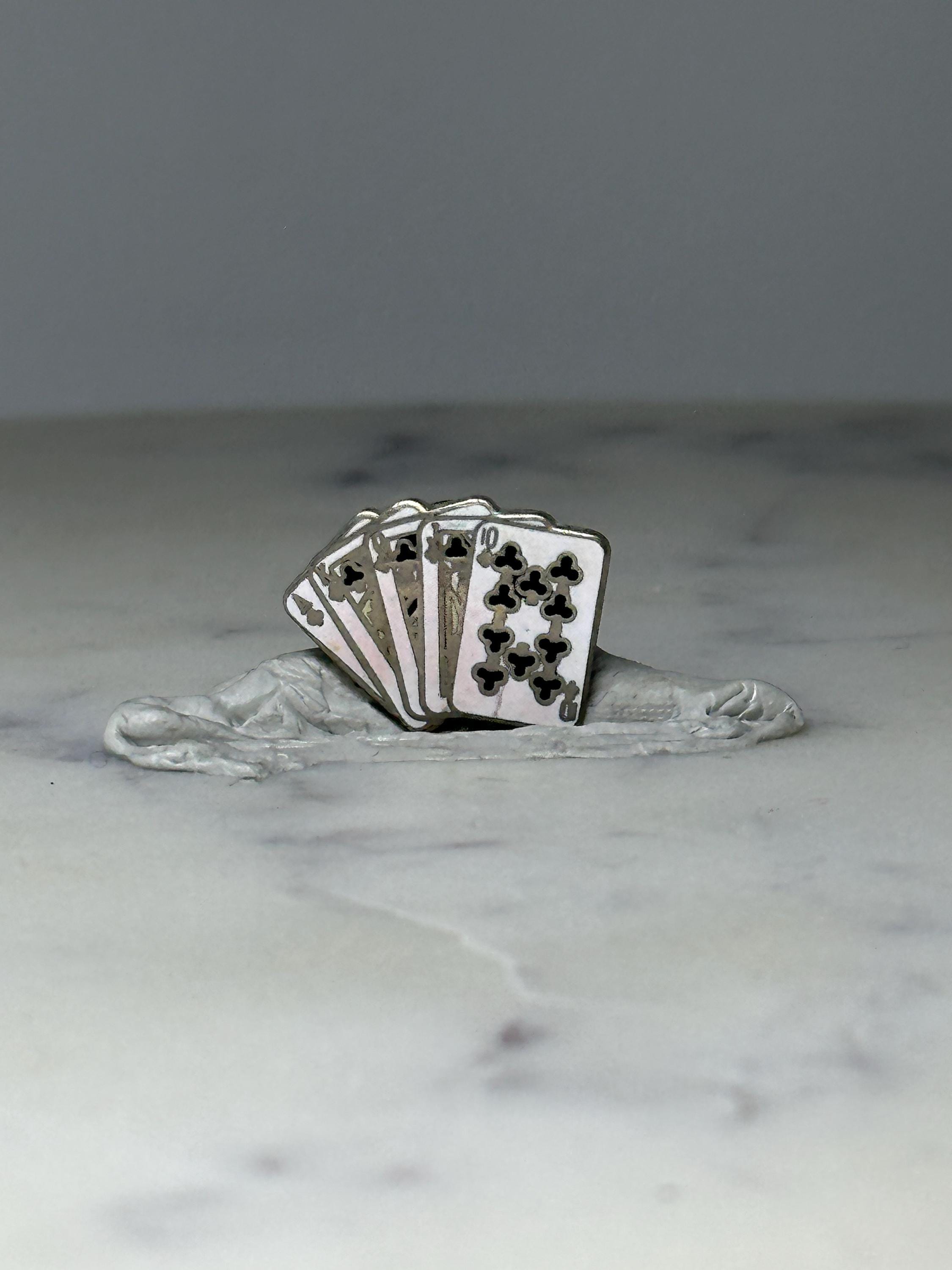 Vintage Playing Cards Lapel Pin: Silver Tone Enamel - Casino Theme Accessory