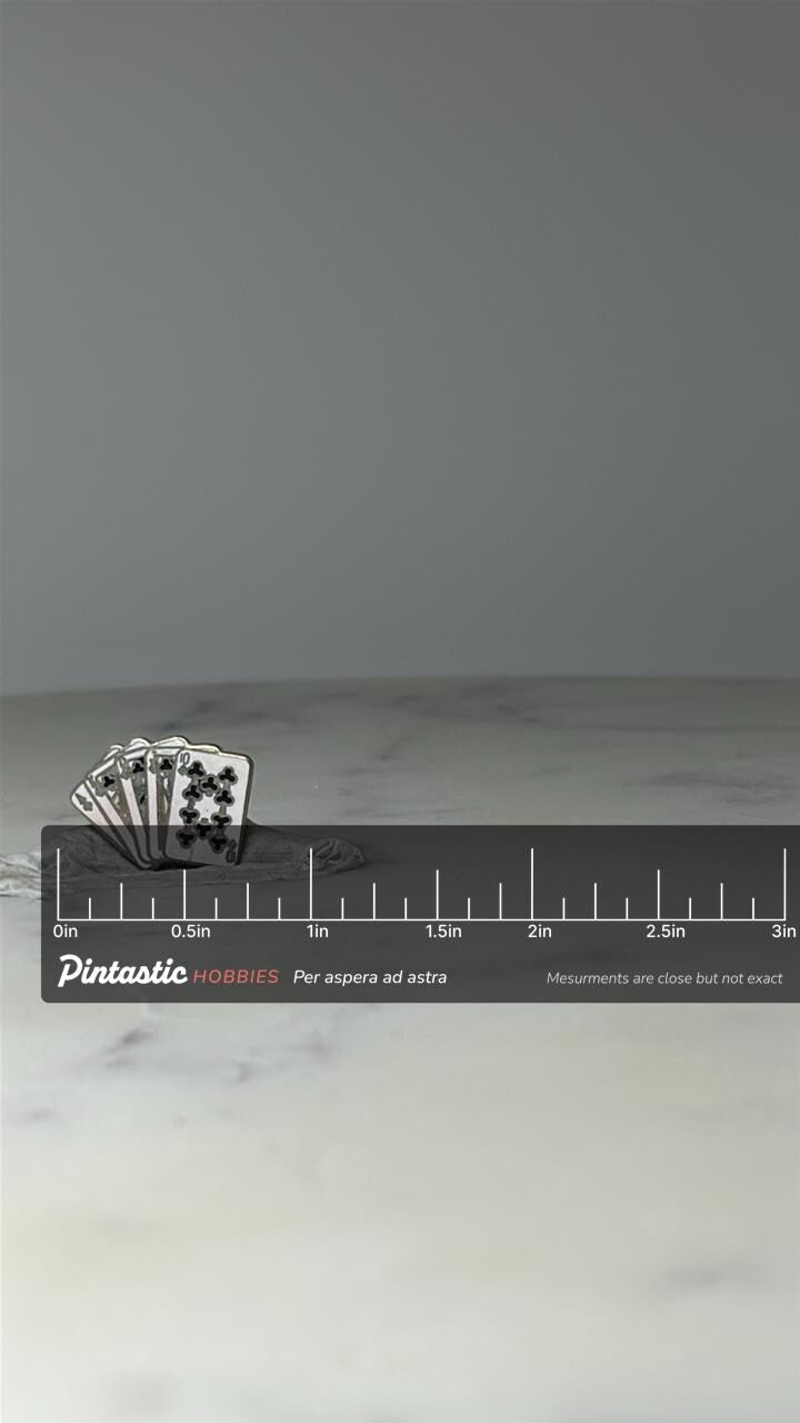 Vintage Playing Cards Lapel Pin: Silver Tone Enamel - Casino Theme Accessory with ruler overlay for size reference