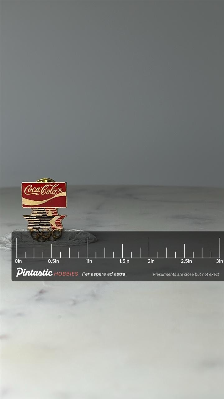 Vintage Coca Cola Olympic Lapel Pin: Red Enamel Gold Tone - 1990s Sponsor Accessory with ruler overlay for size reference