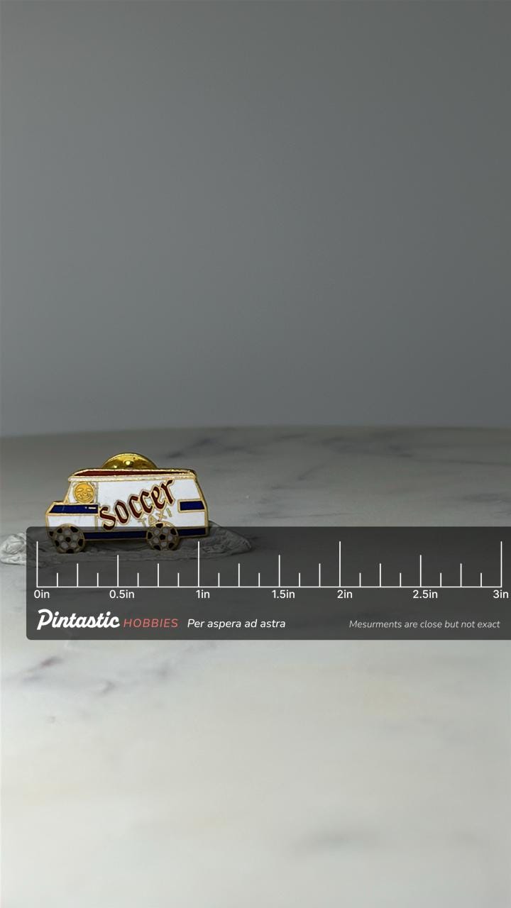 Vintage Soccer Taxi Van Enamel Pin: Gold Tone - Sports Novelty Accessory with ruler overlay for size reference
