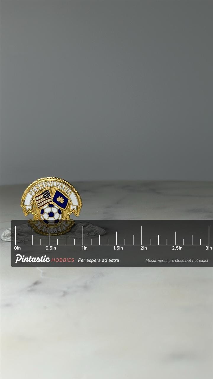 Vintage Pennsylvania Soccer Lapel Pin: Gold Tone Enamel - Sports Souvenir Accessory with ruler overlay for size reference