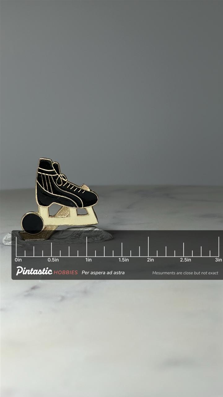 Vintage Ice Skate Hockey Pin: Black Enamel Gold Tone - Winter Sports Accessory with ruler overlay for size reference