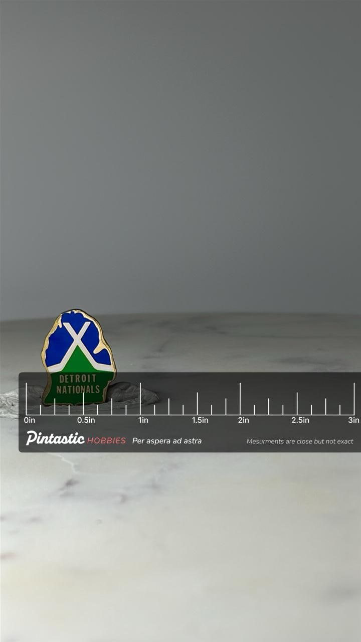 Vintage Detroit Nationals Pin: Blue & Green - Hockey Era Accessory with ruler overlay for size reference
