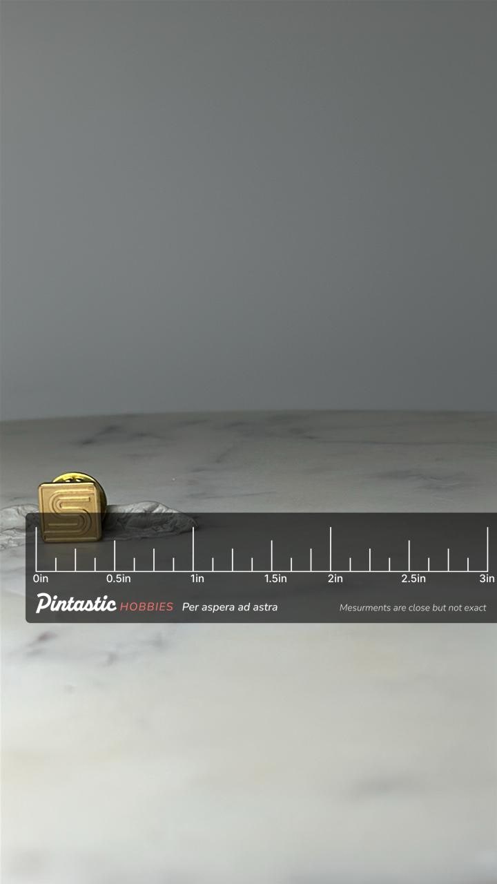 Vintage Letter S Lapel Pin: Gold Tone Square - Retro Accessory with ruler overlay for size reference