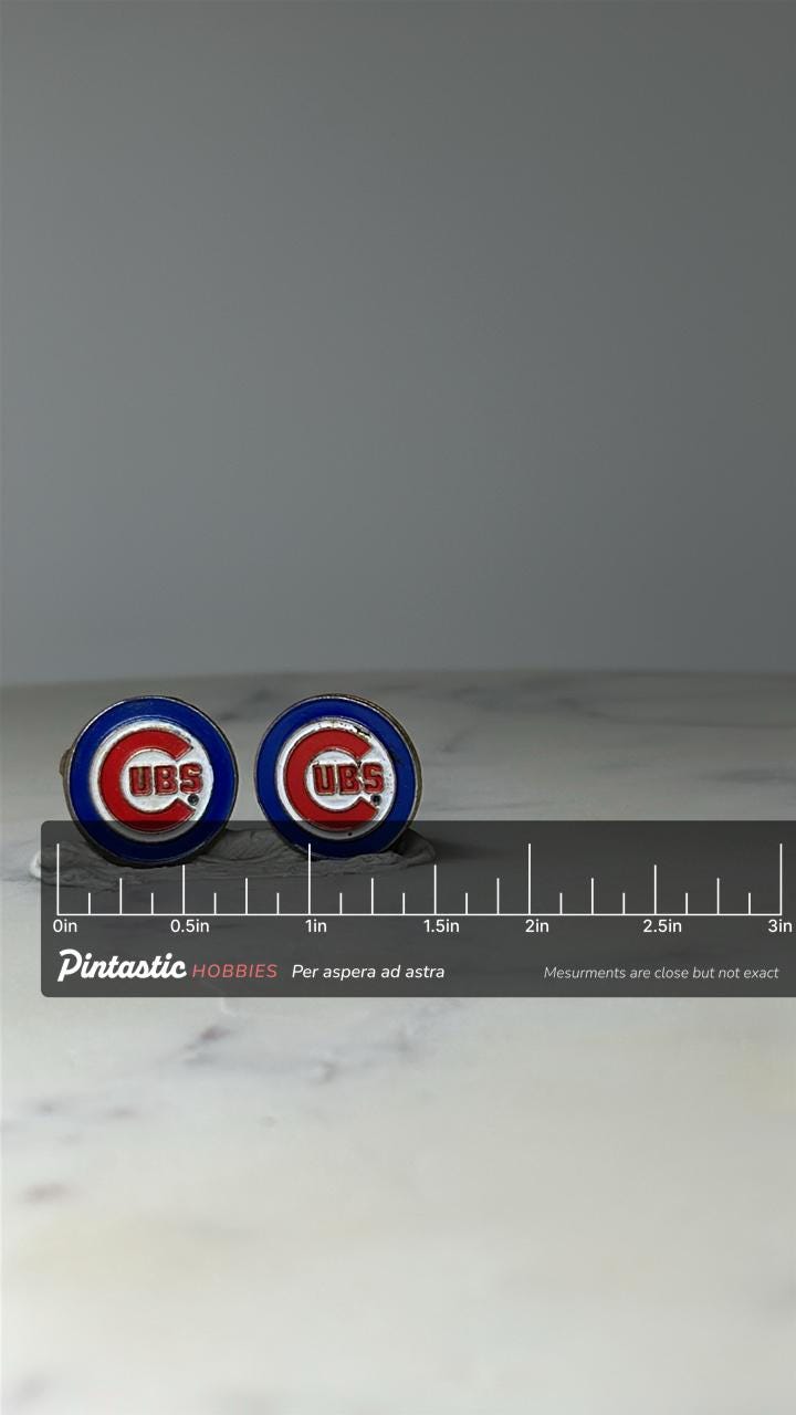 Vintage Chicago Cubs Logo Pin: Enamel Red Blue - MLB Sports Accessory with ruler overlay for size reference