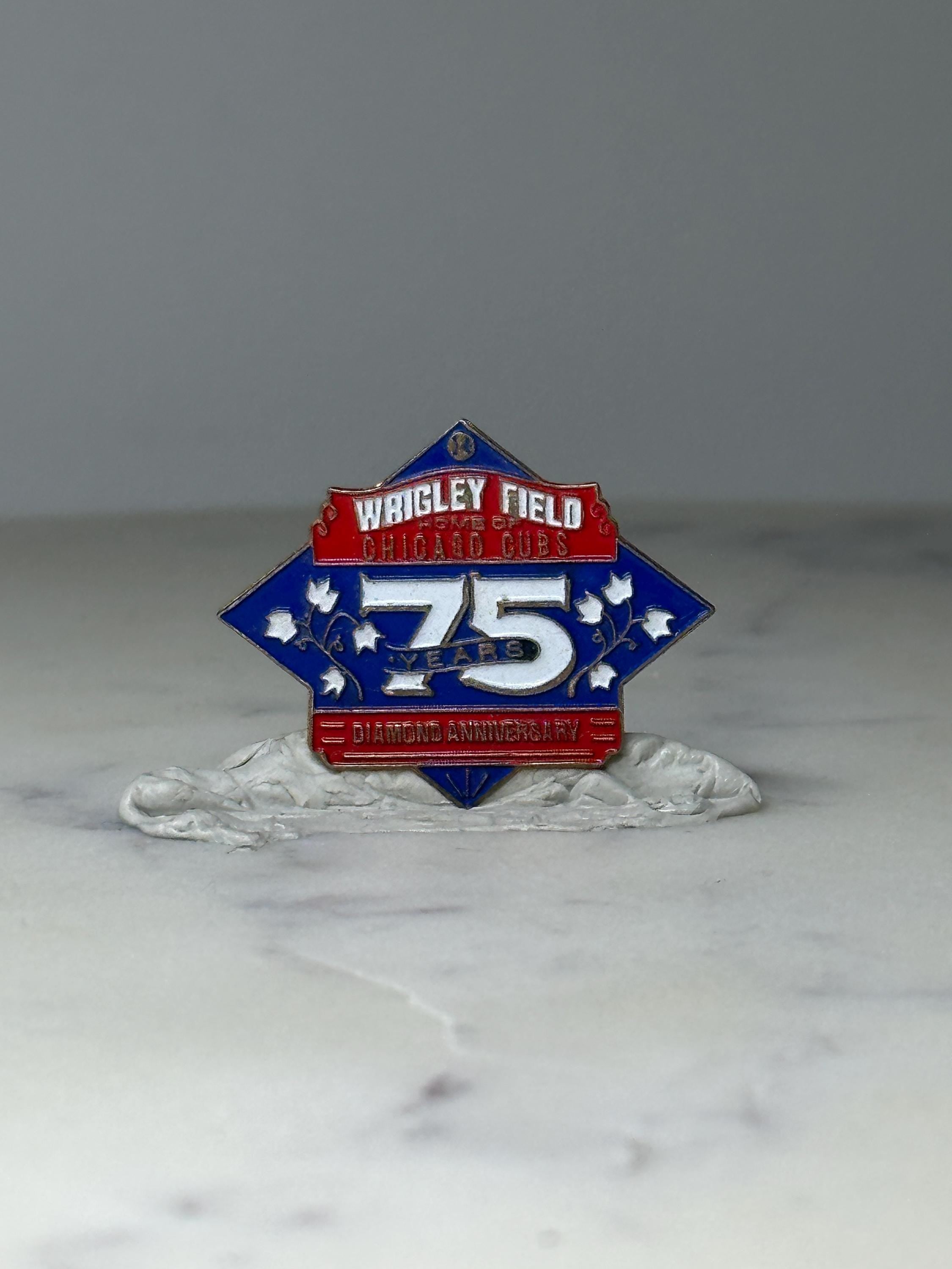 Vintage Wrigley Field 75 Years Pin: Enamel Red Blue - Cubs Anniversary Accessory