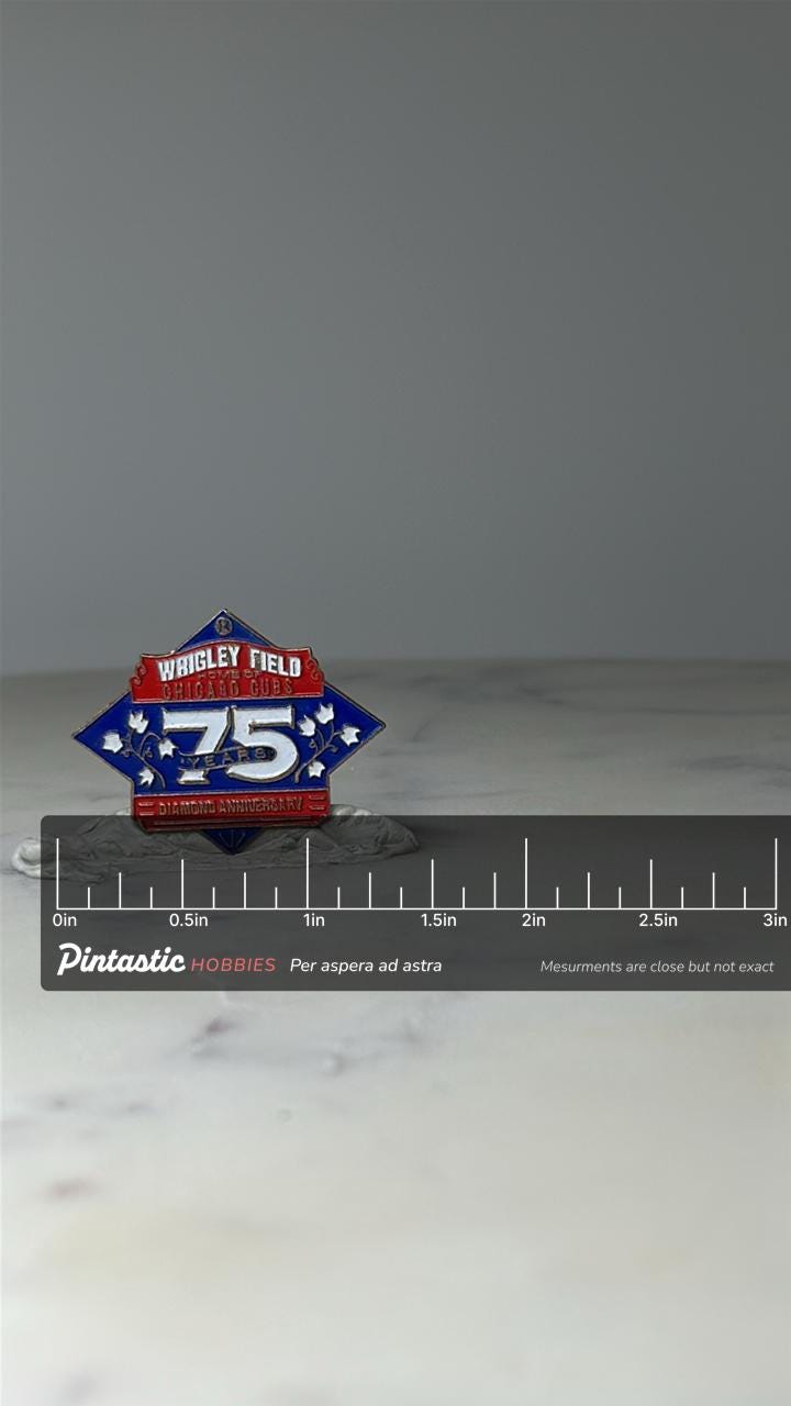 Vintage Wrigley Field 75 Years Pin: Enamel Red Blue - Cubs Anniversary Accessory with ruler overlay for size reference