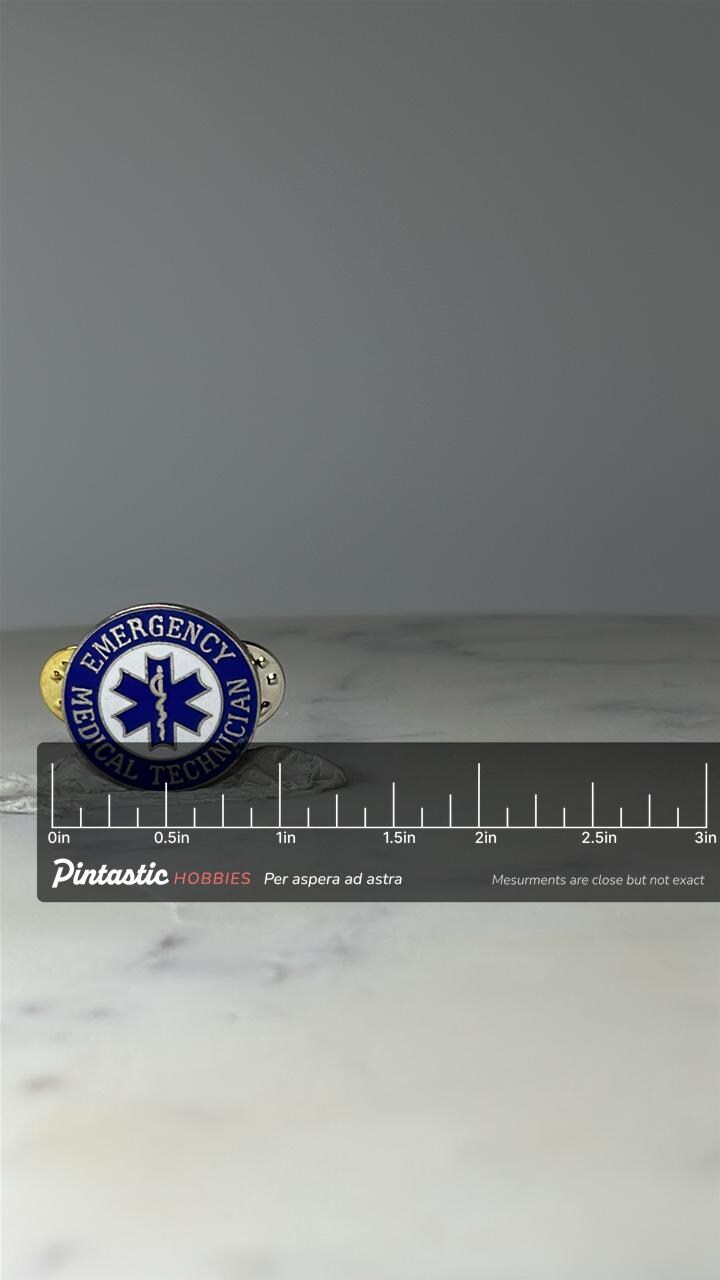 Vintage Emergency Medical Technician Lapel Pin: Blue Enamel - EMS Service Accessory with ruler overlay for size reference