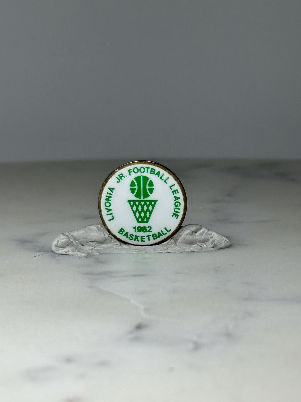 Vintage Livonia Jr Football League Basketball Pin: Green Enamel - 1982 Sports Accessory