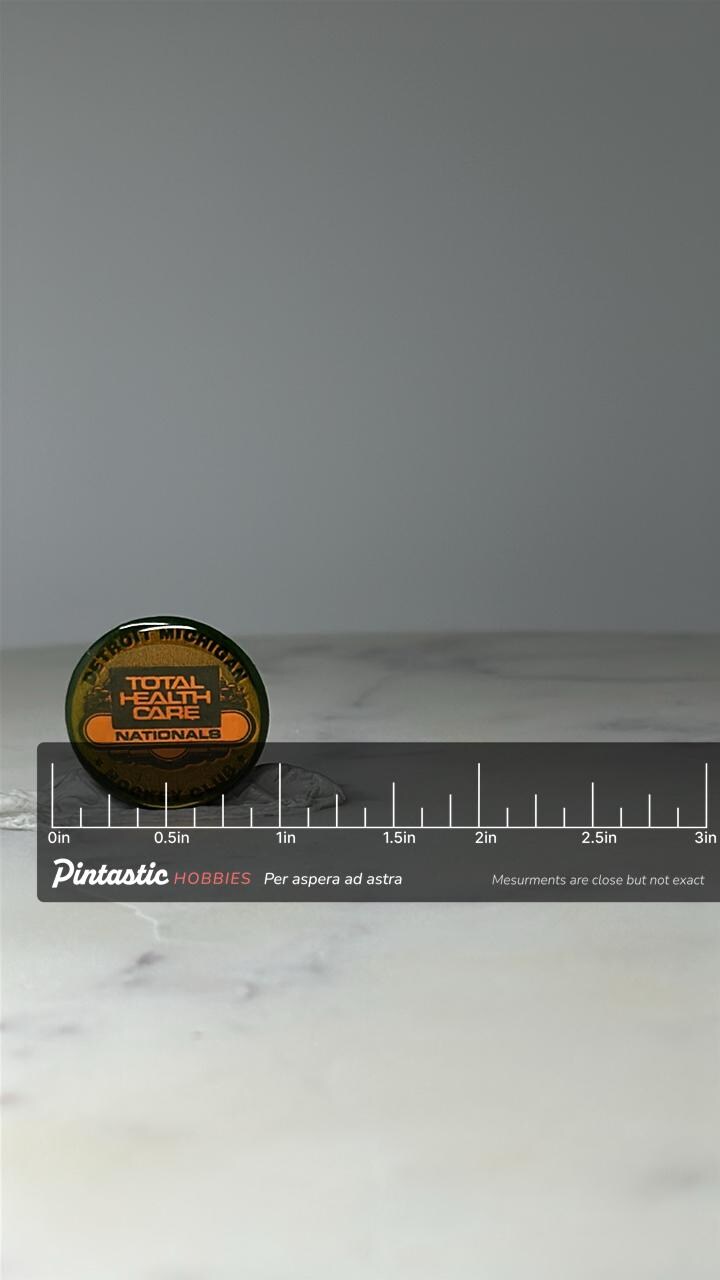 Vintage Detroit Total Health Care Pin: Green Gold - Corporate Accessory with ruler overlay for size reference