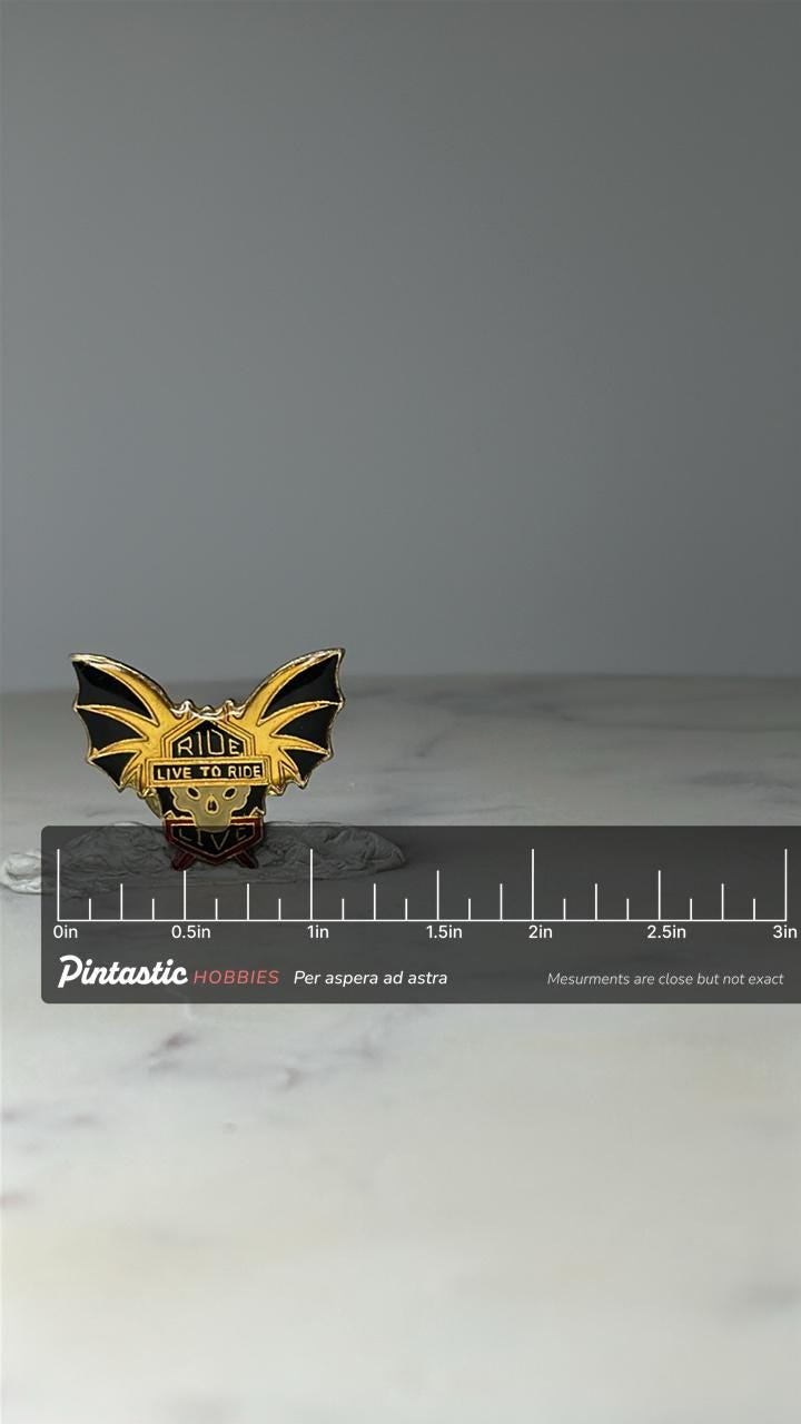 Vintage Biker Skull Enamel Pin: Gold & Black - Ride Theme Accessory with ruler overlay for size reference