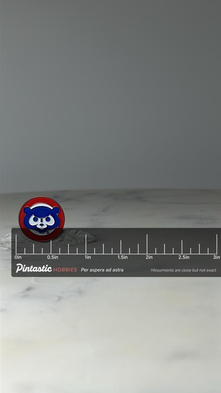 Vintage Chicago Cubs Logo Enamel Pin: Red Blue - MLB Baseball Accessory with ruler overlay for size reference