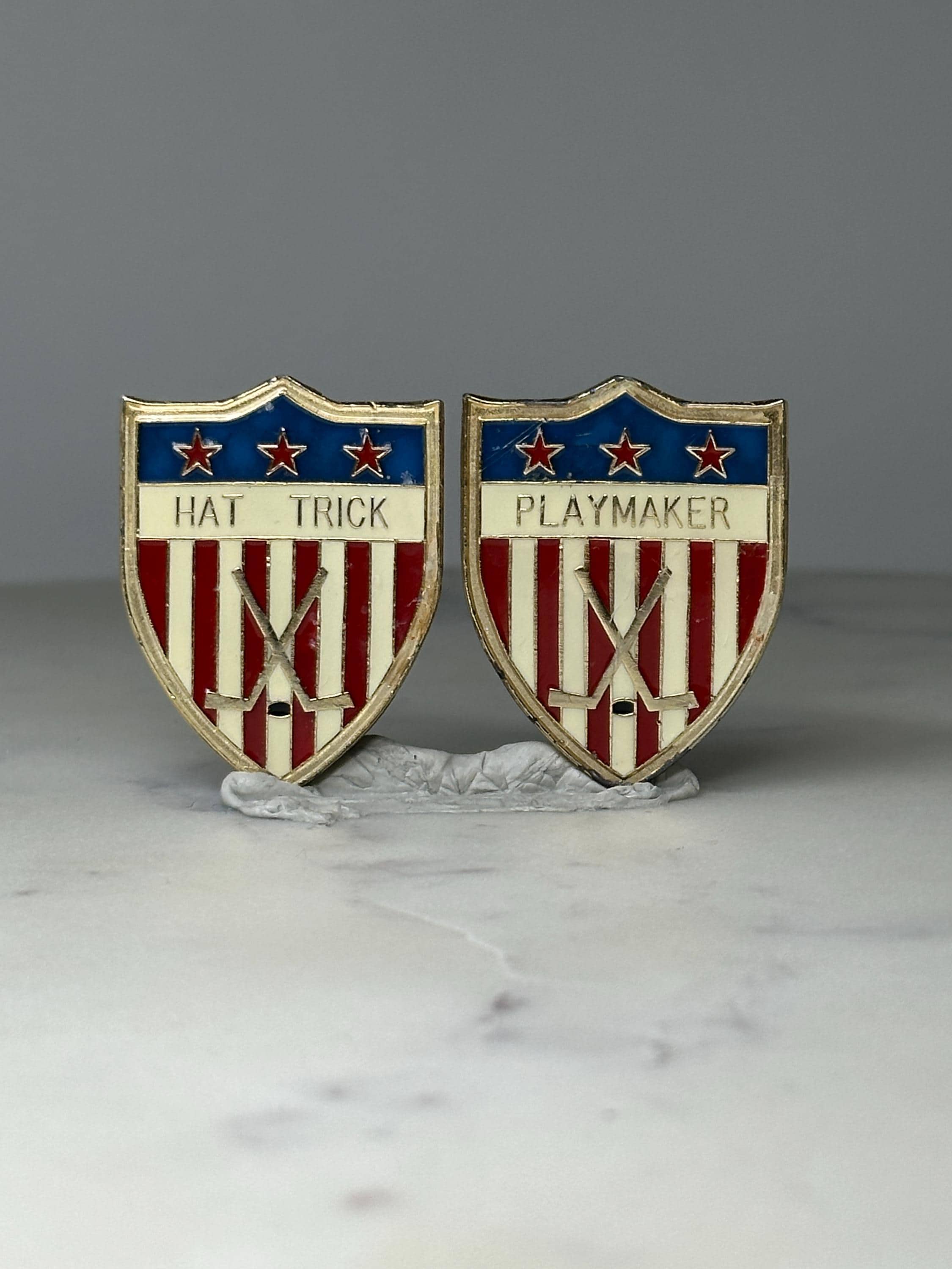 Vintage Hockey Award Shield Pin Set: Red White Blue Enamel - Hat Trick