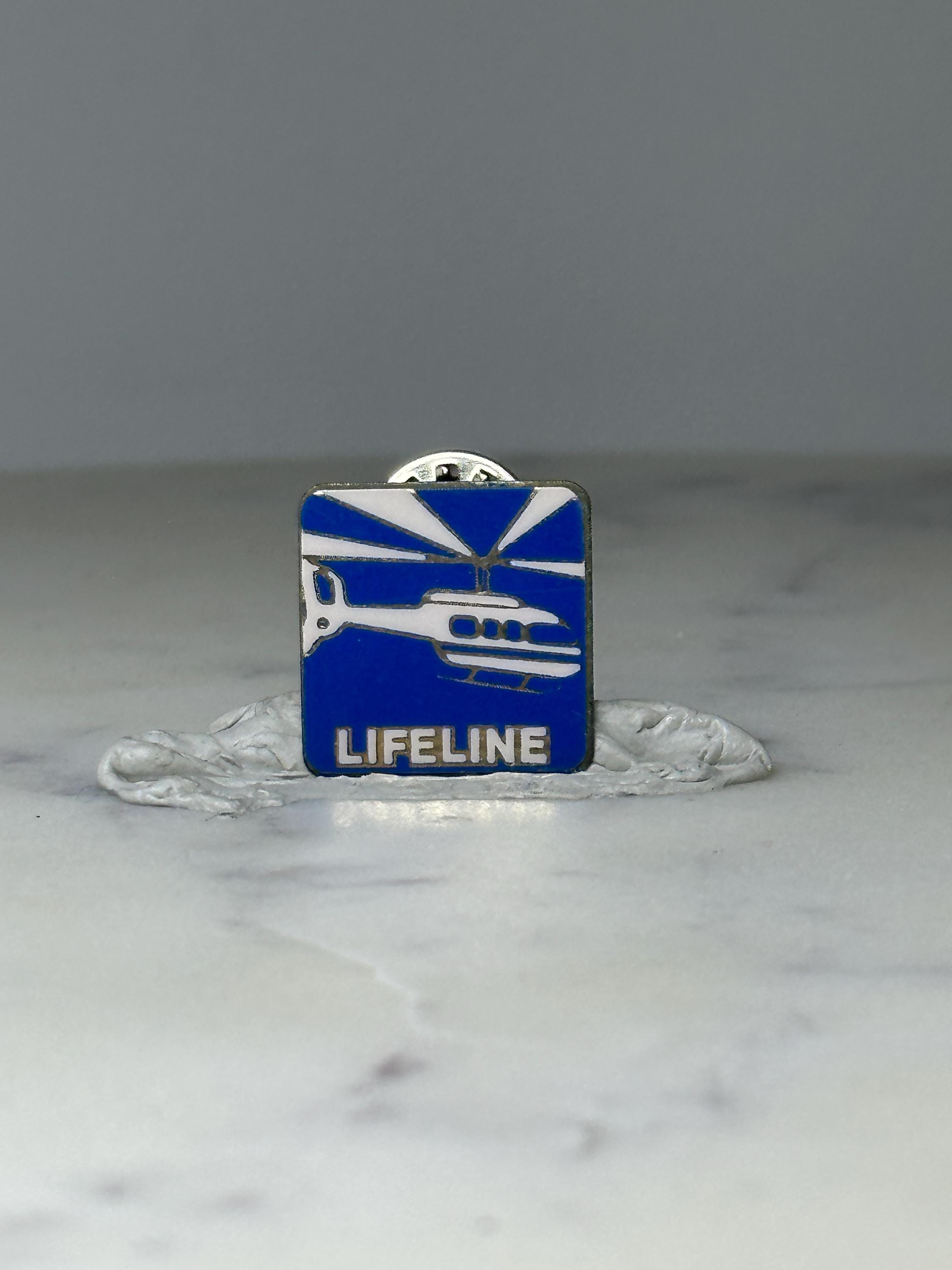 Vintage Lifeline Helicopter Enamel Pin: Blue Silver - Aviation Accessory