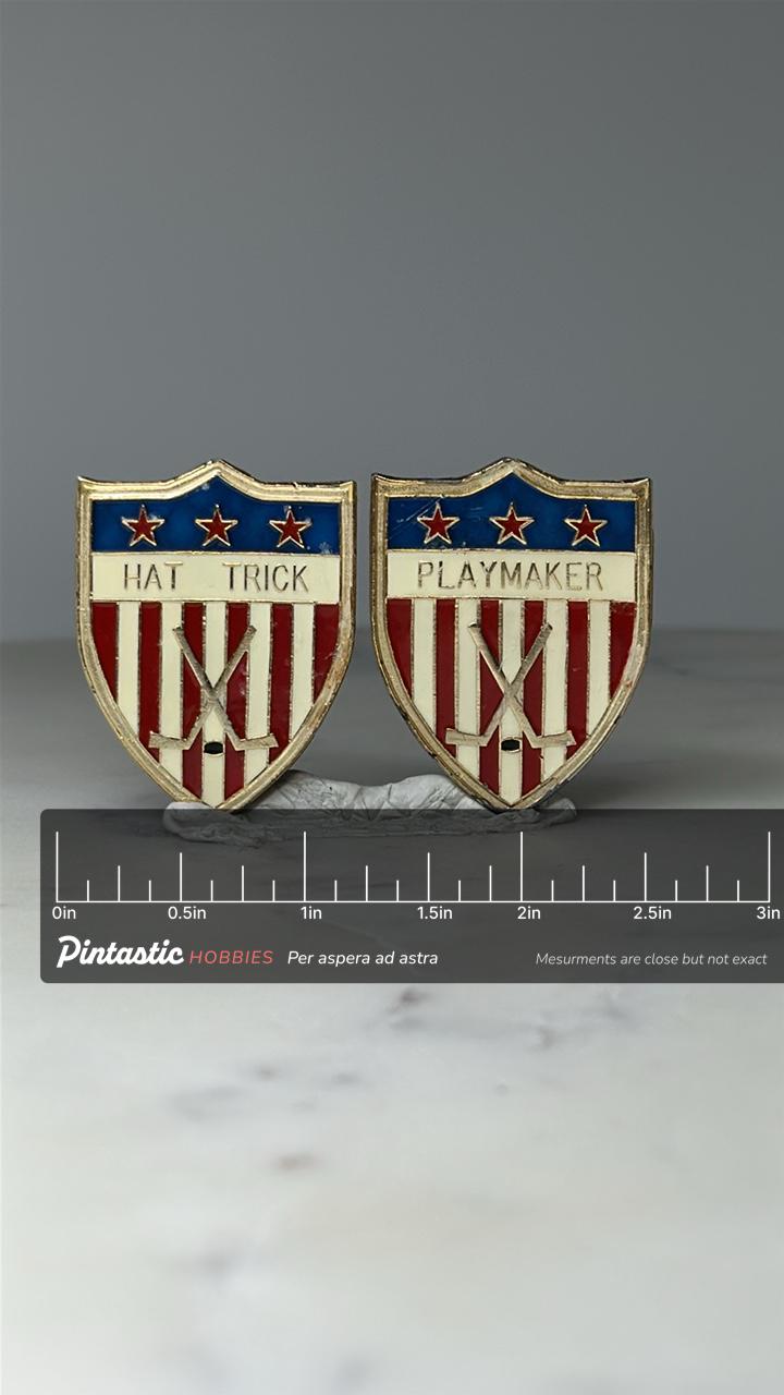 Vintage Hockey Award Shield Pin Set: Red White Blue Enamel - Hat Trick with ruler overlay for size reference