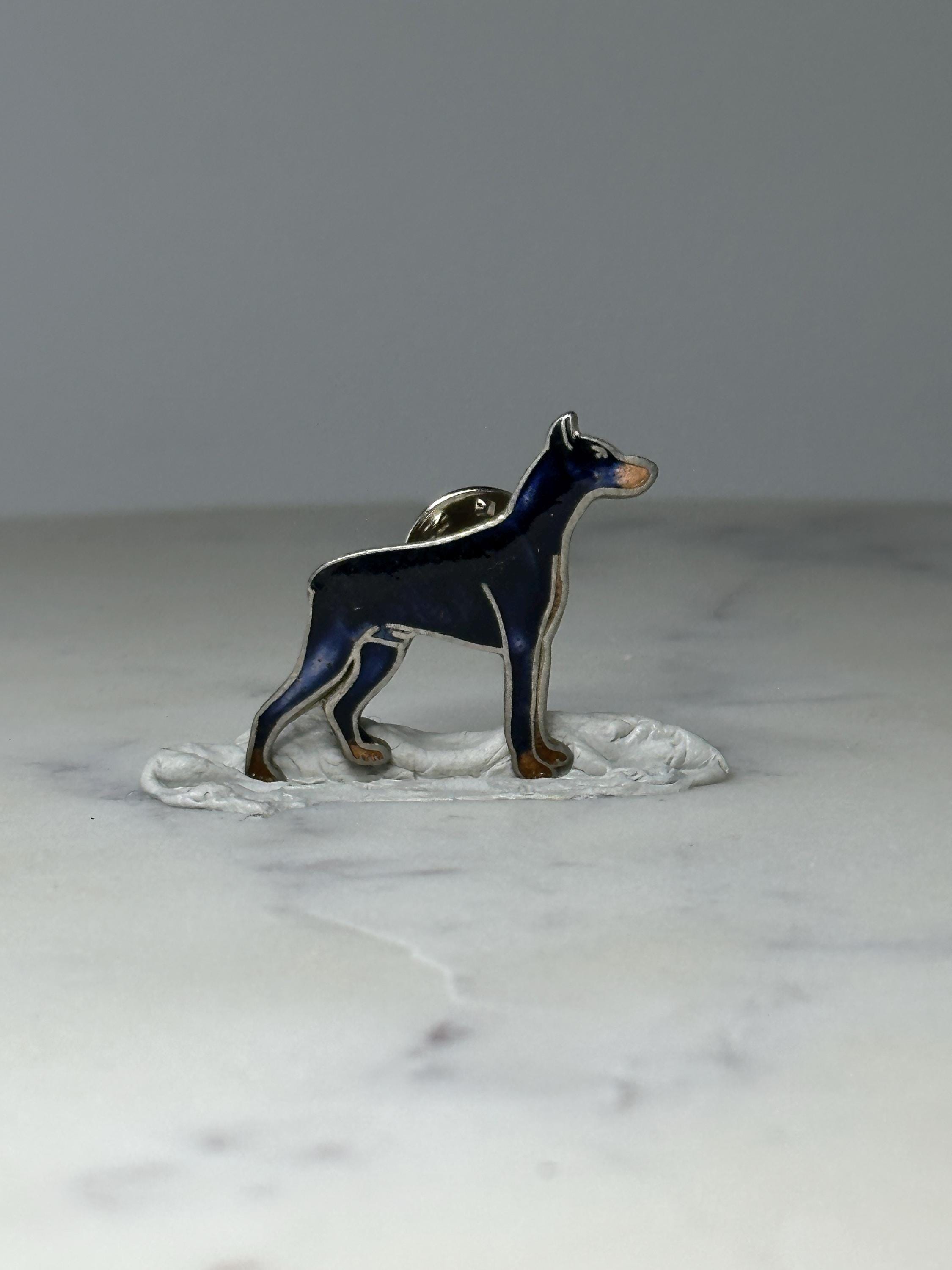 Vintage Doberman Dog Lapel Pin: Black Enamel Silver Tone - 80s Accessory