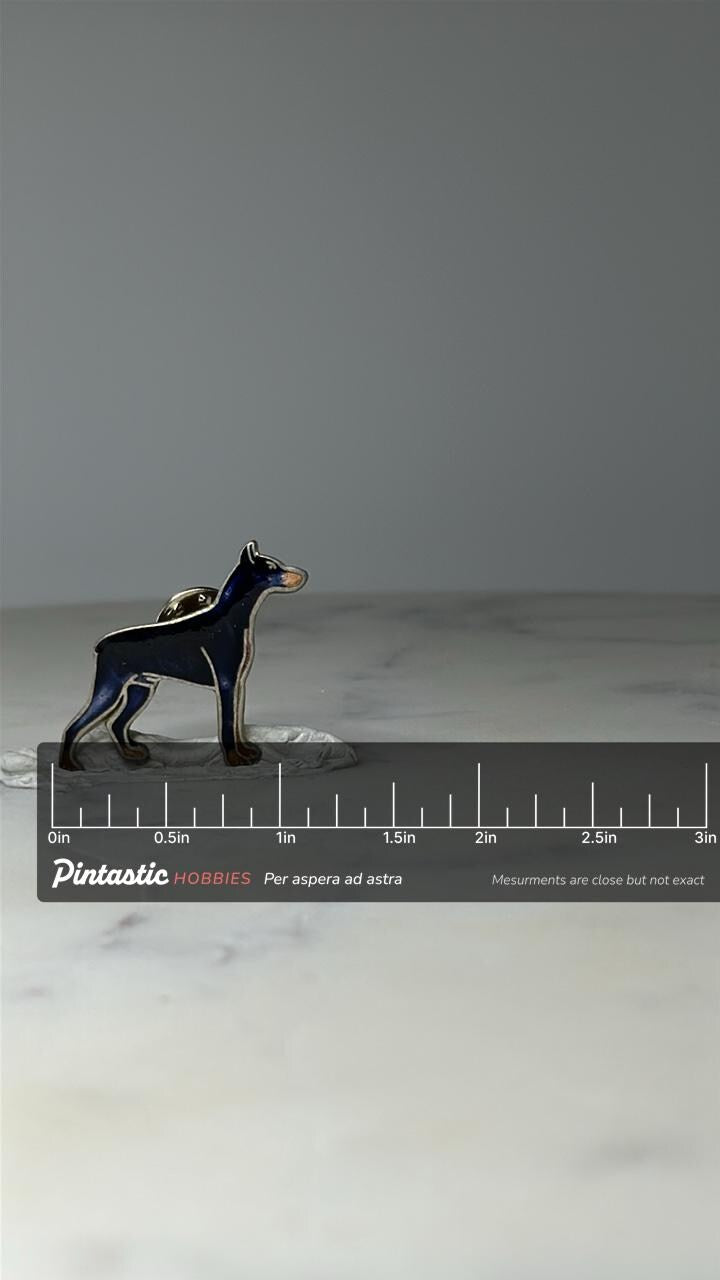 Vintage Doberman Dog Lapel Pin: Black Enamel Silver Tone - 80s Accessory with ruler overlay for size reference