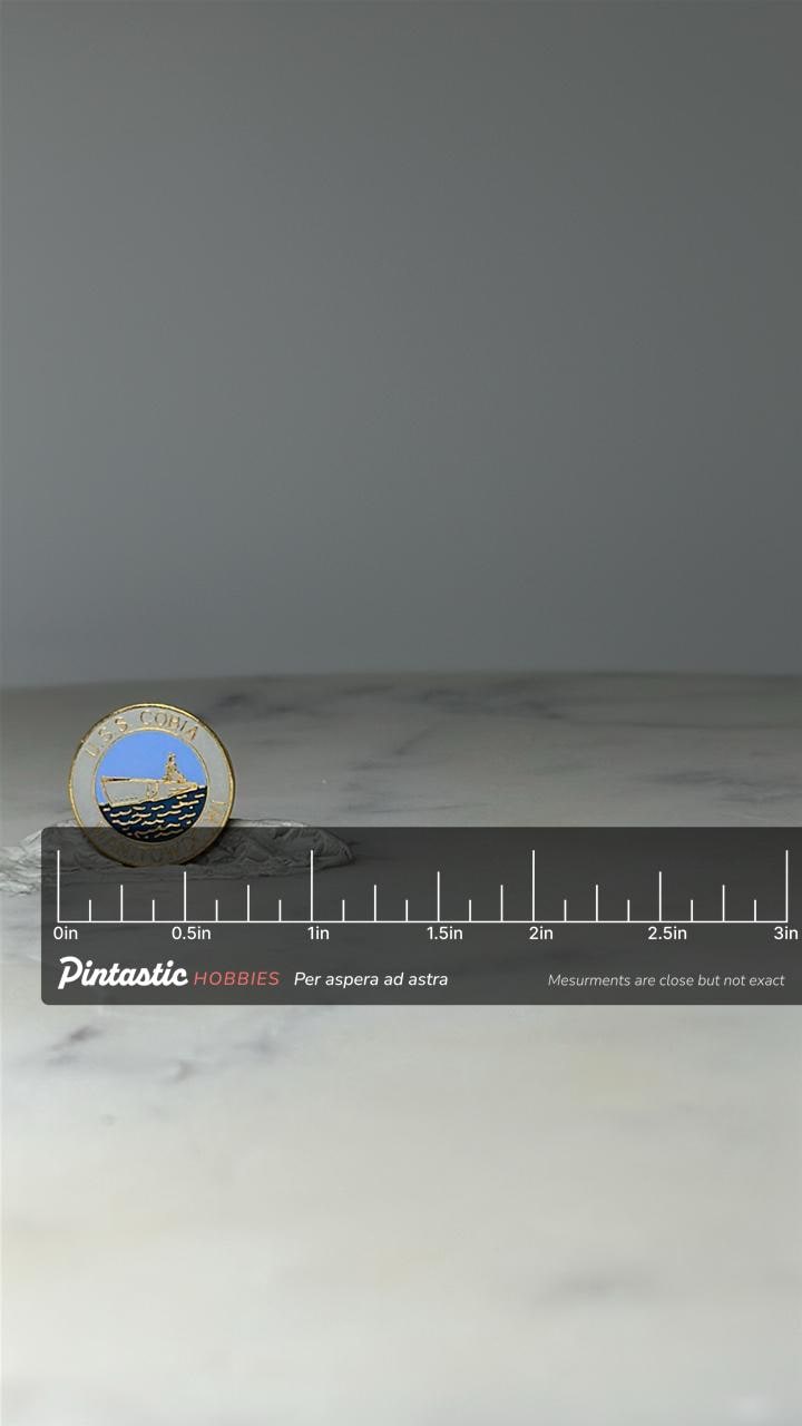 Vintage U.S.S. Cobia Submarine Pin: Gold Tone Enamel - Naval Souvenir Accessory with ruler overlay for size reference
