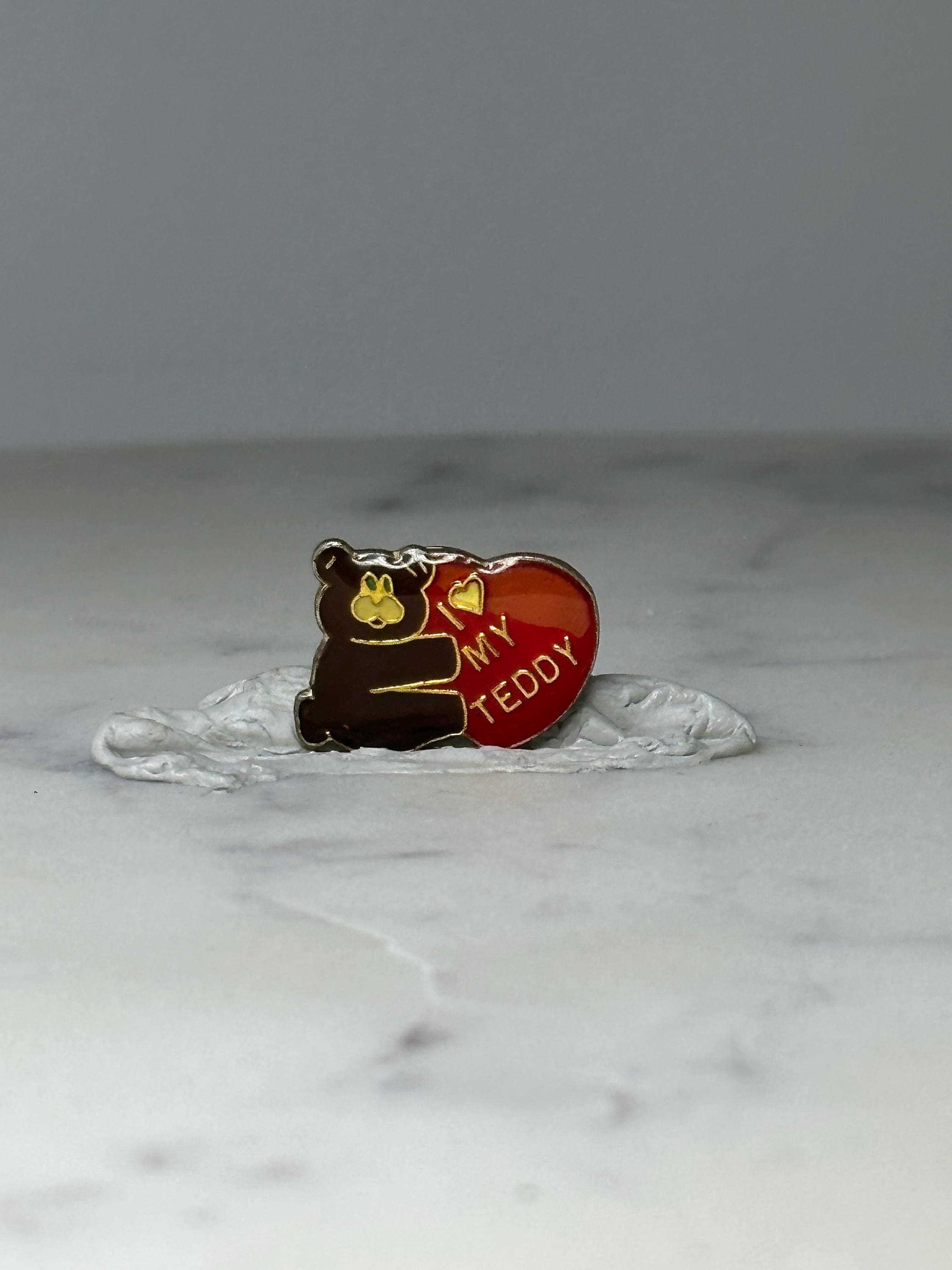 Vintage Teddy Bear Enamel Pin: Red Heart Gold Tone - Love Accessory
